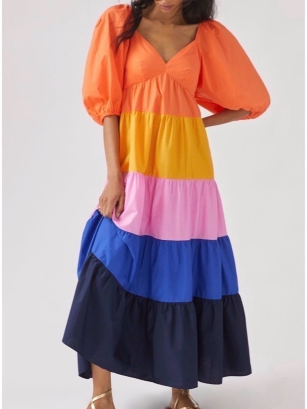 FARM Rio Orange, Yellow, Pink & Blue Tiered Puff-Sleeve Maxi Dress